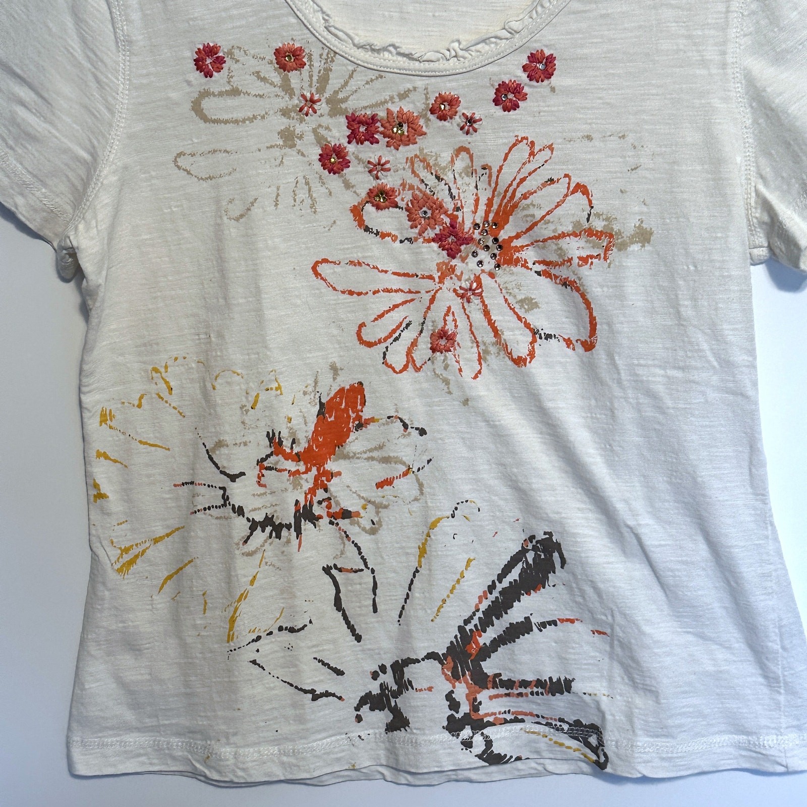 Oleg Cassini Sport Floral Vintage Tee Womens Medium White Embellished Casual Top