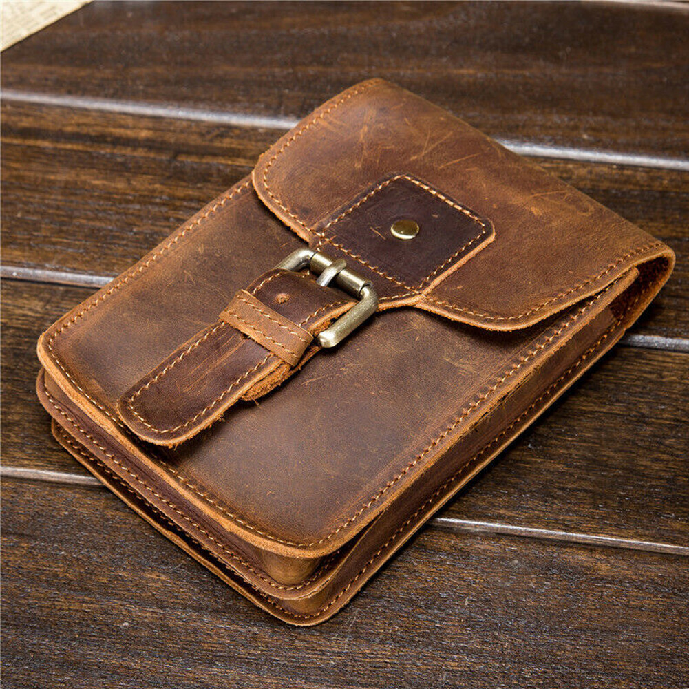 Crazy Horse Leather Men Small Waist Bag Pouch Hook Fanny Waist Belt Pack#