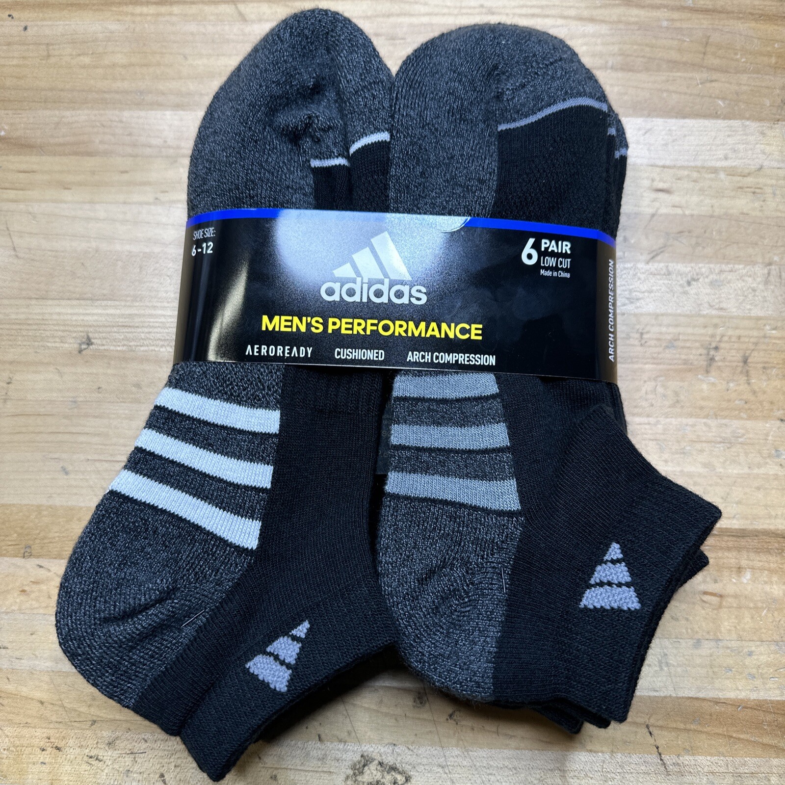 Adidas Men’s Cushioned Low Cut Ankle Socks 6 Pairs Gray Black Compression 6-12