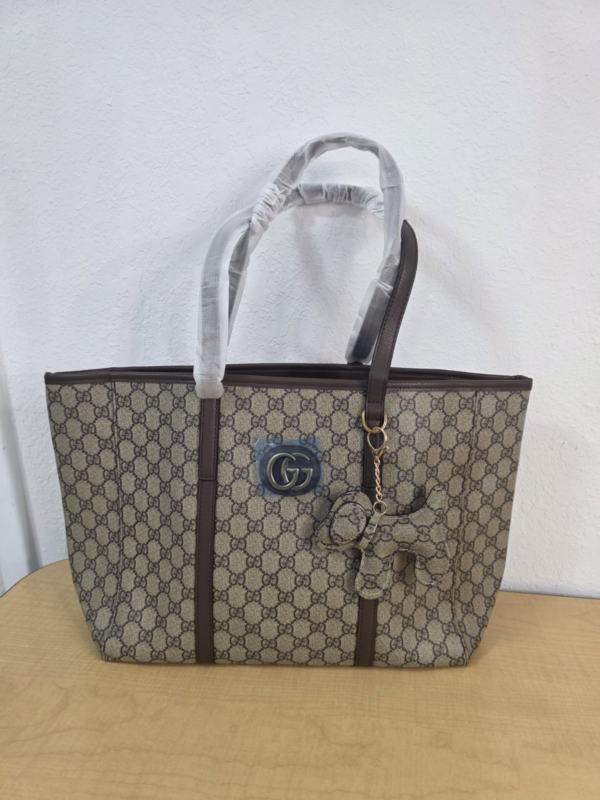 Women’s Tote Shoulder Bag Beige Brown Monogram Pattern with Bow Charm