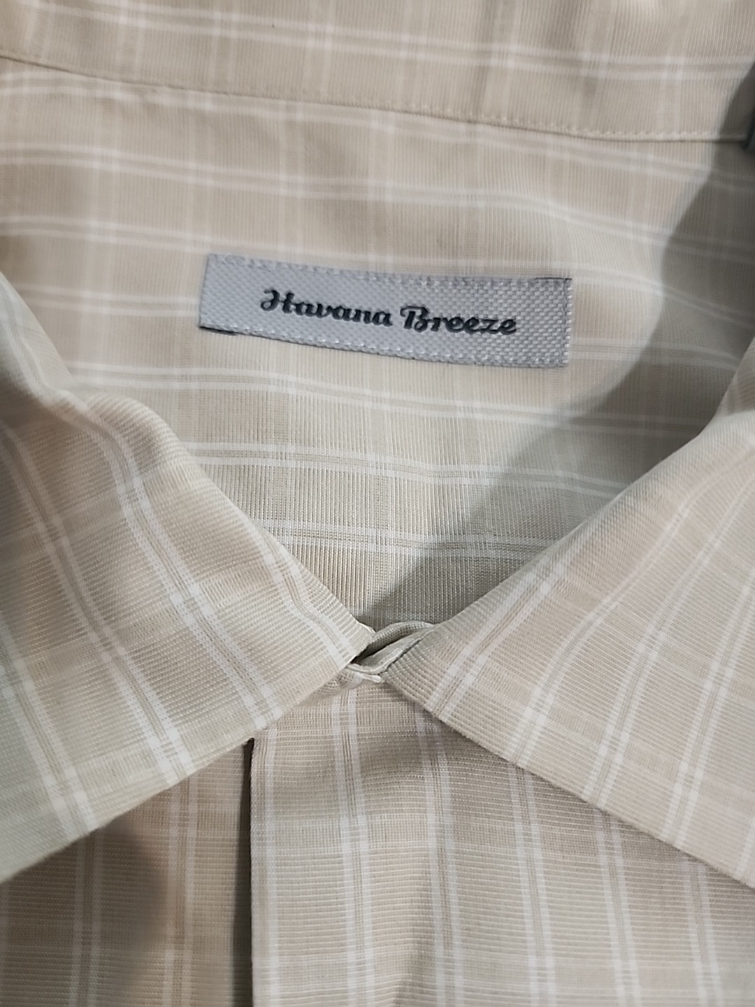 Havana Breeze Men’s L Beige White Plaid Beach Party Hawaiian Aloha Shirt Cruise