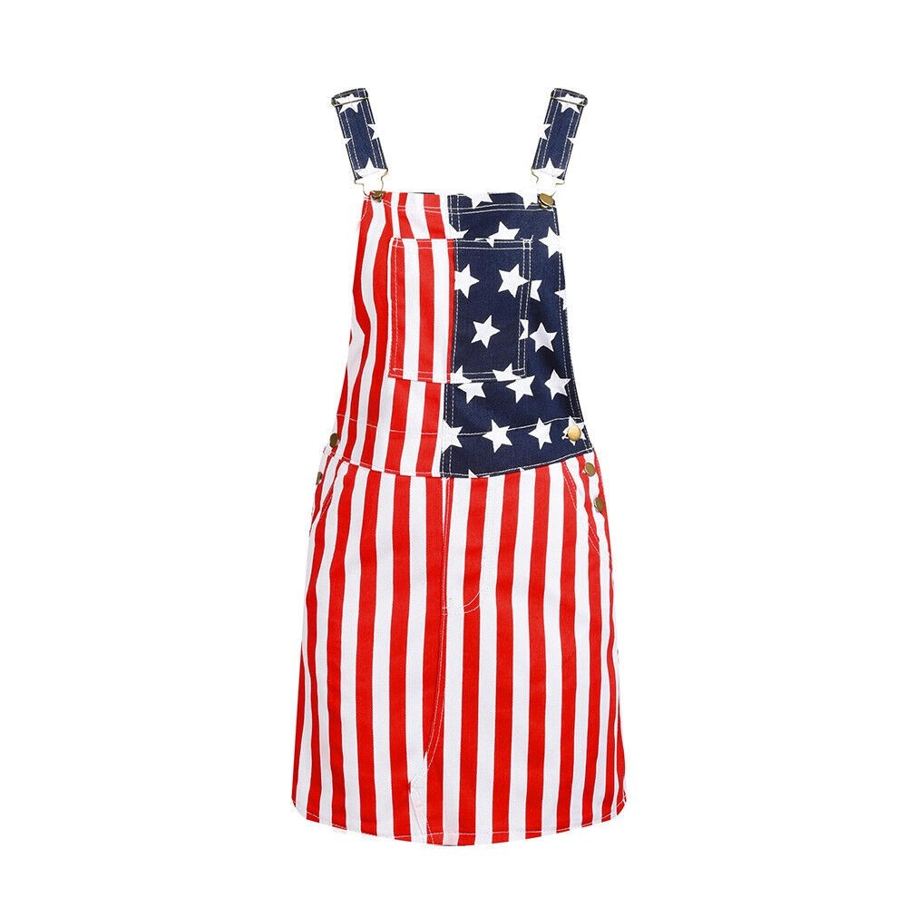 Women’s Overalls USA America Flag Print Bib Dress Jumpsuit Romper Short Skirt