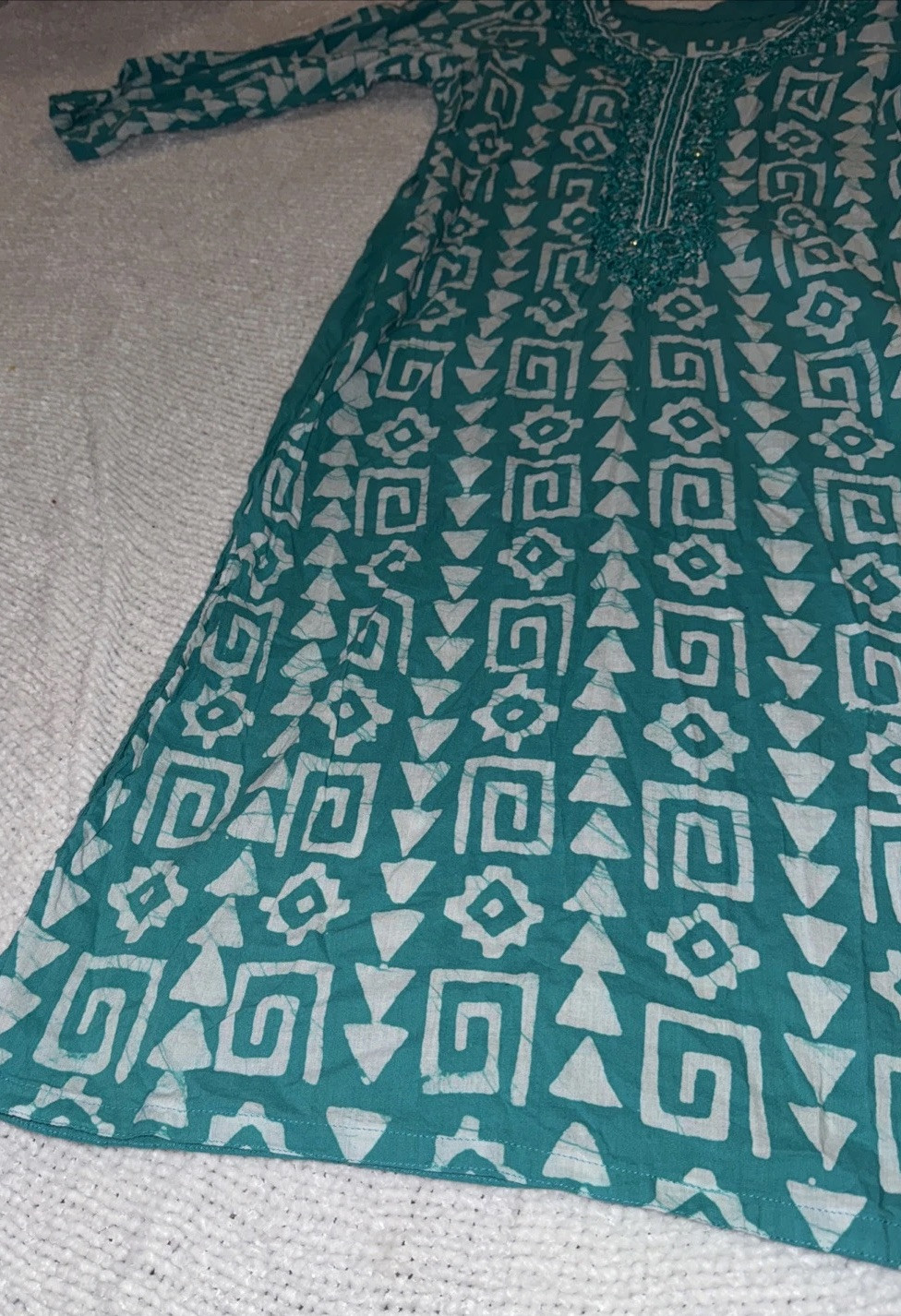 Handmade Green & White Tunic Kurta 3/4 Sleeve Flared Silhouette Pullover Dress