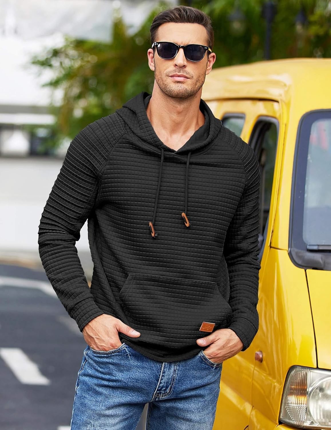 Men’s Casual Hoodies Long Sleeve Drawstring Hooded Pullover Waffle Knit Hooded