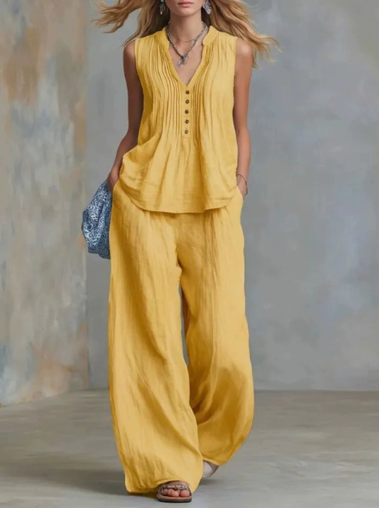 Womens 2 Piece Outfit V Neck Sleeveless Top Wide Leg Pants Casual Lounge Set