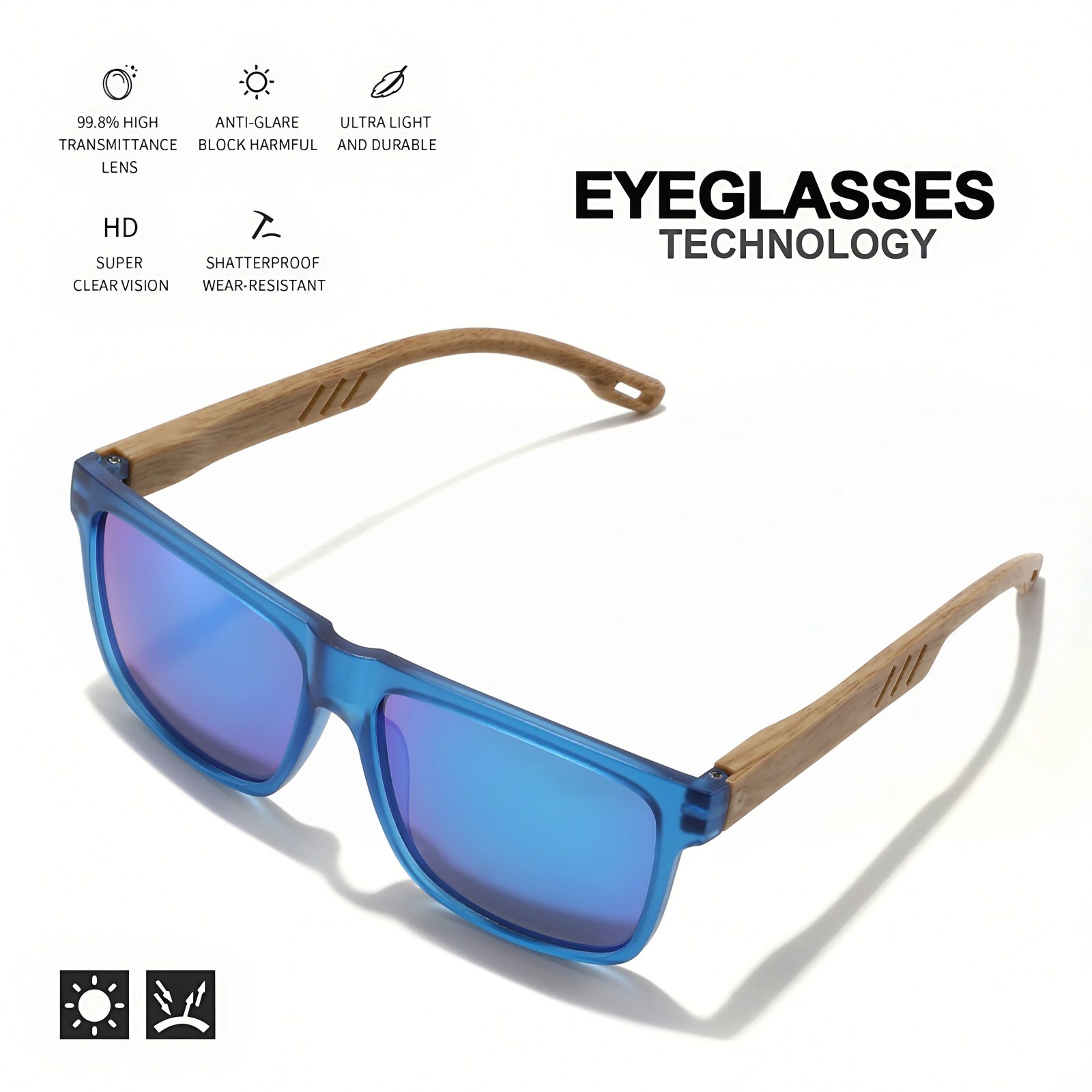 Square Wood Grain Sunglasses UV400 Spring Hinge Unisex Driving Travel Hiking