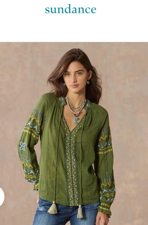 NEW SUNDANCE LIVING CATALOG Women’s Embroidered TOTORA Green Long Sleeve Top L