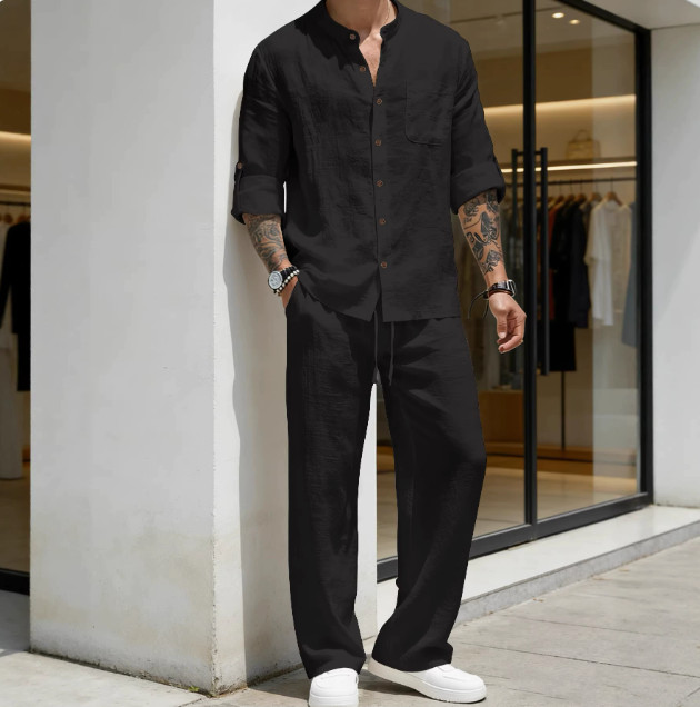 Mens 2-Piece Linen Blend Outfit Set Long Sleeve Henley Shirt and Pants Casual