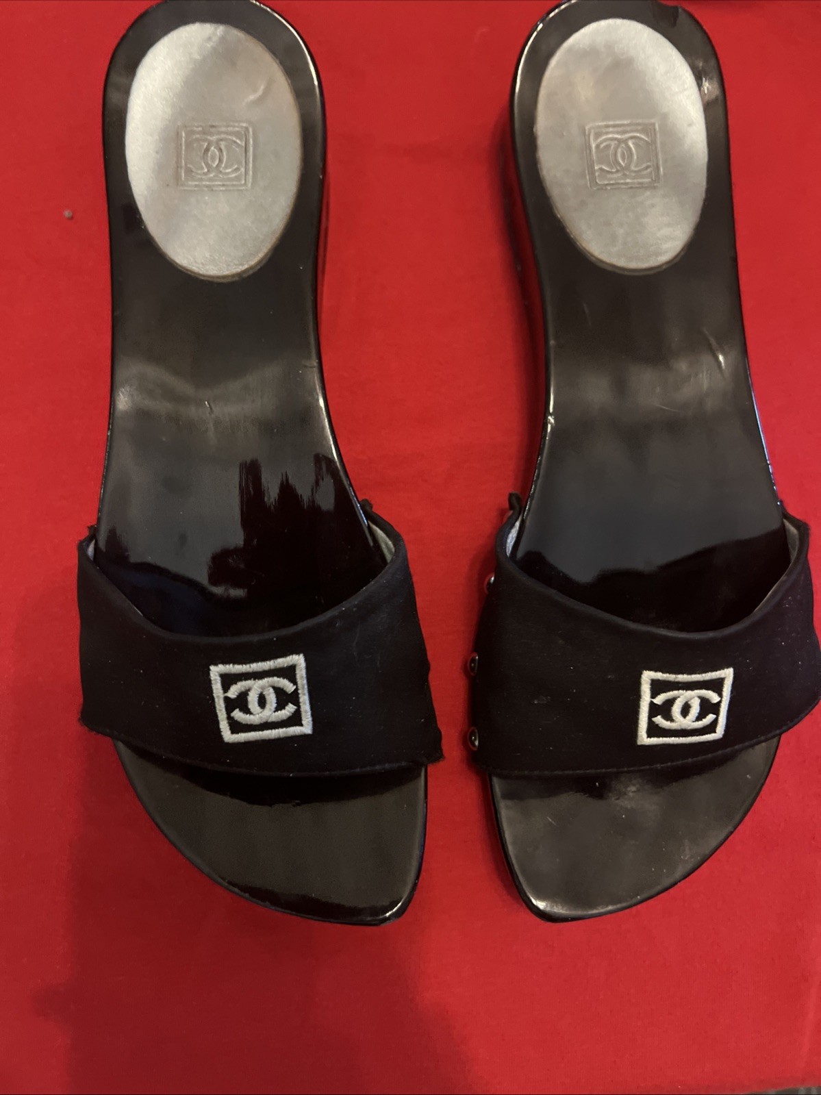 CHANEL Sandals Black Satin Patent Leather Mule Slides Made in Spain Size 37