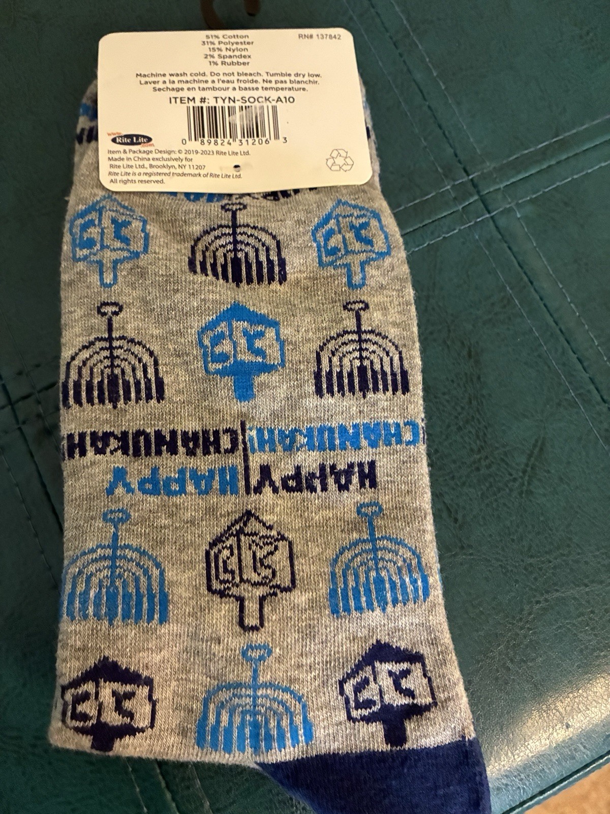 Rite Lite Men’s Chanukah Holiday Novelty Crew Socks 8-12 Gray/Blue/Navy 1 Pair
