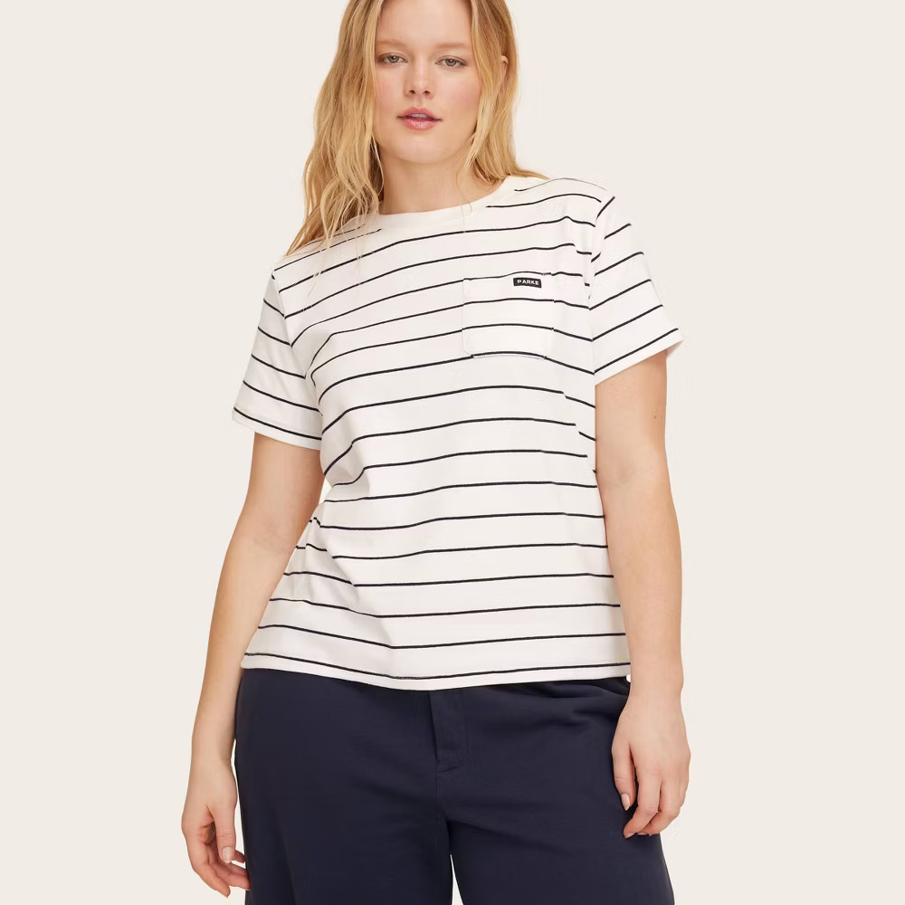 Women Short Sleeve Crewneck Pocket T-Shirt – Parke Navy Blue Striped XS