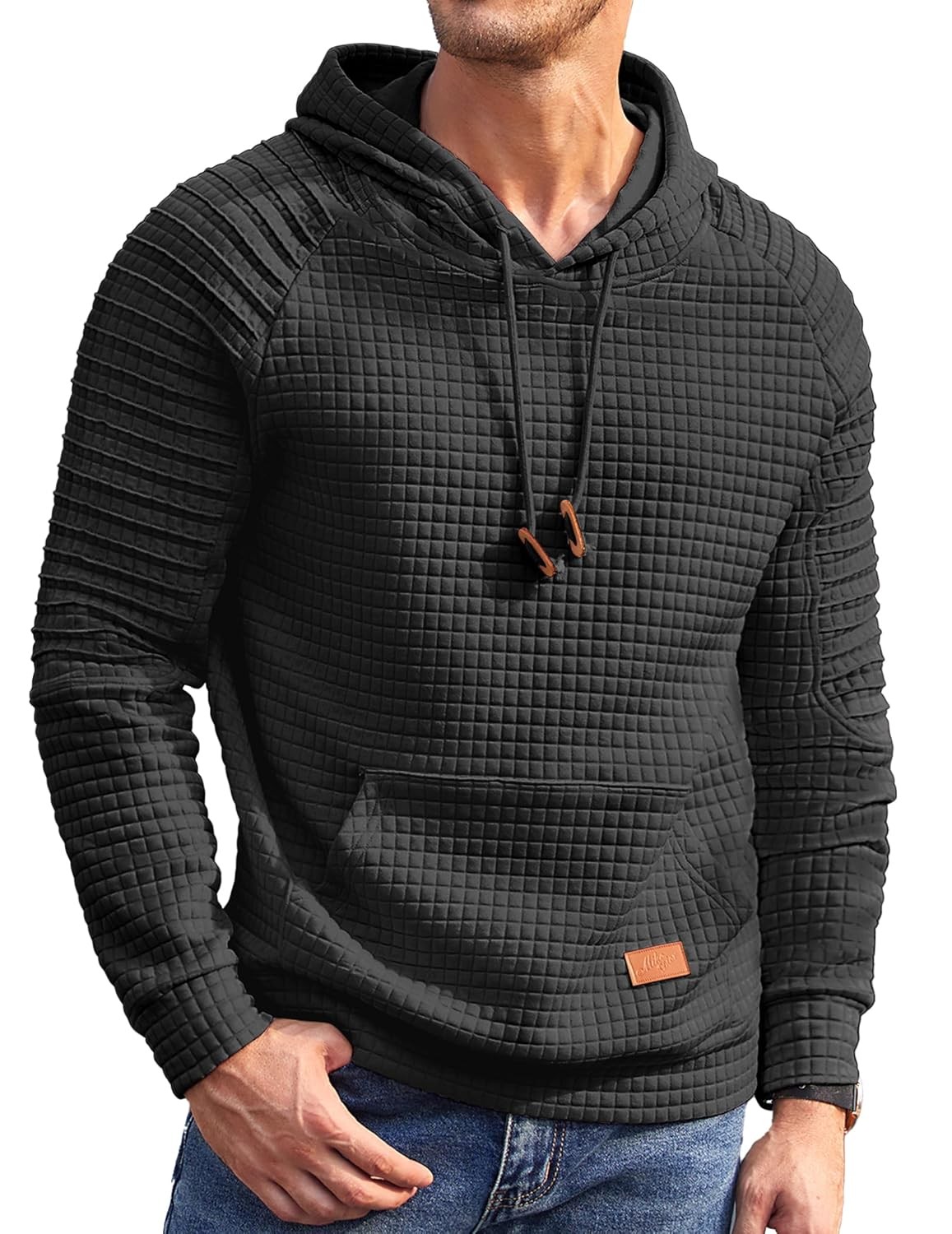 Men’s Casual Hoodies Long Sleeve Drawstring Hooded Pullover Waffle Knit Hooded