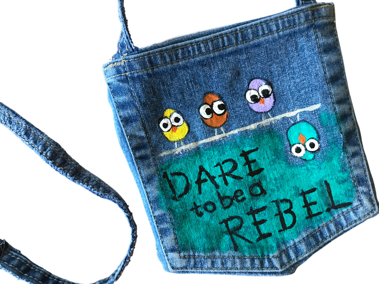 Crossbody Jean Purse, Handmade Over Shoulder Cell Phone Bag, Whimsical Birds