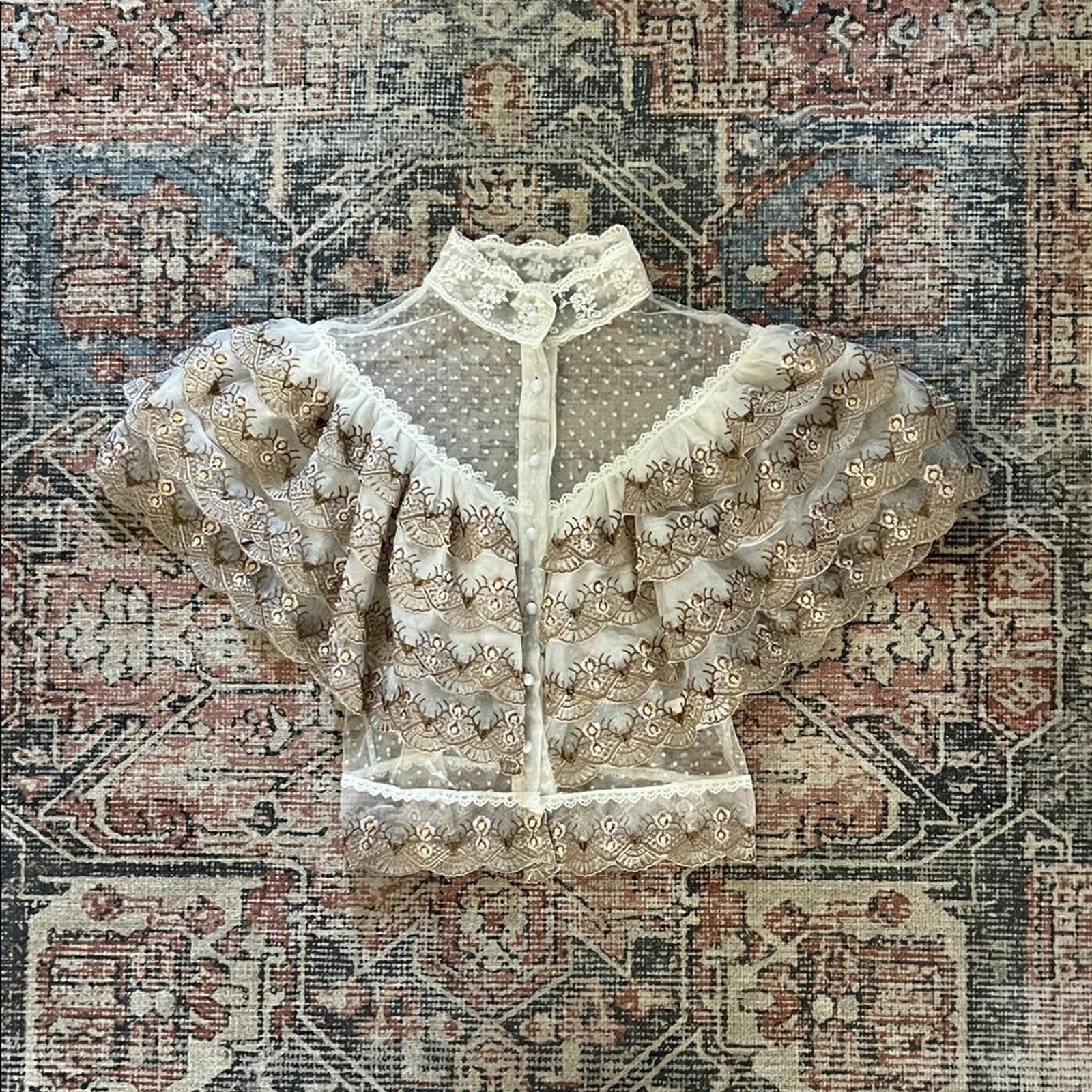 BEULAH Style Victorian-Inspired White Lace Blouse with Golden Embroidery Size: S