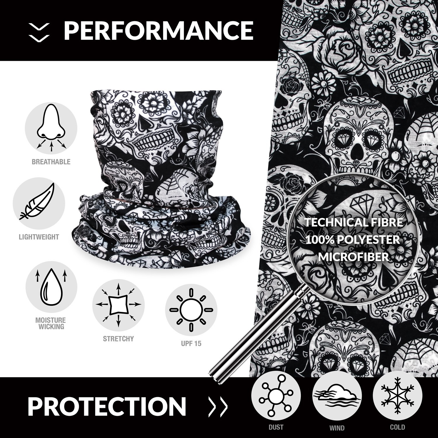 Sugar Skull Headscarf Tube Biker Face Cover Mask Neck Gaiter Bandana Balaclava