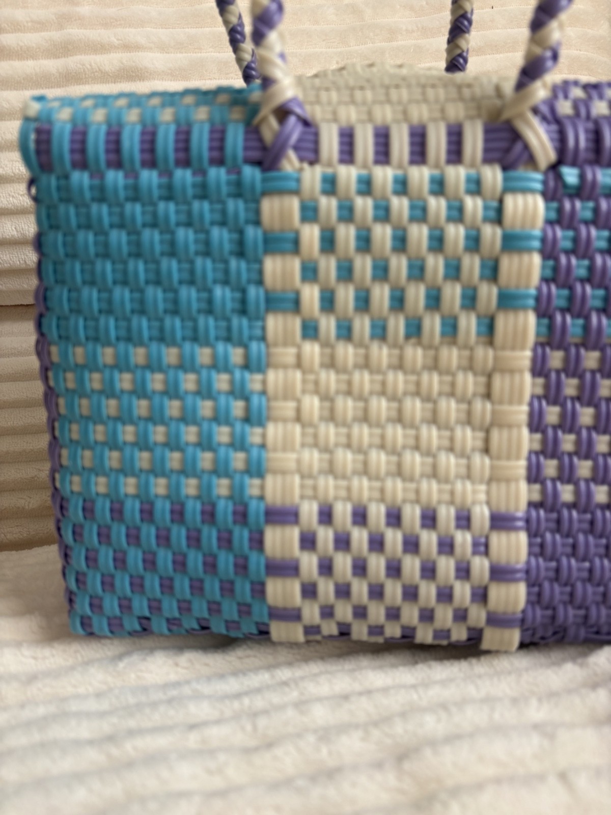 Handmade Mexican Plastic Tote Bag with Geometric Braided Handles
