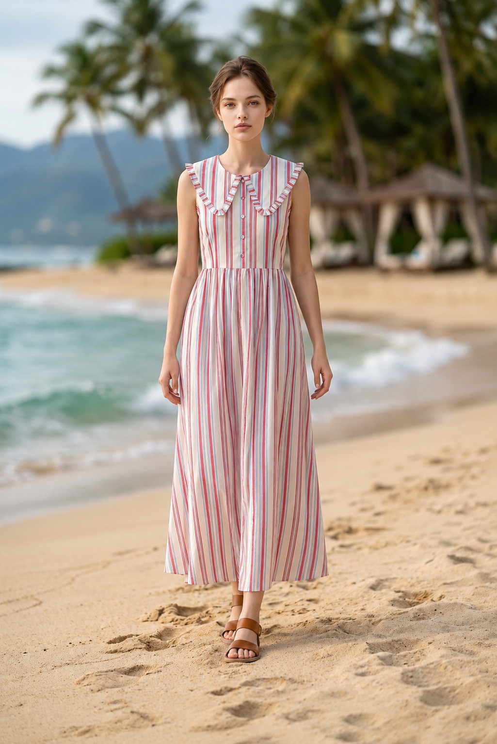 NWT Caroline Constas Striped Cotton Maxi Dress Peter Pan Collar Size S