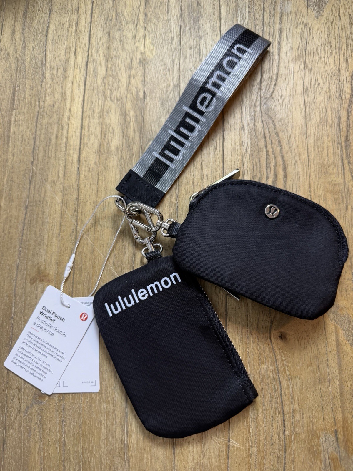 Lululemon Dual Pouch Wristlet Black Gray Silver Hardware Keychain NWT