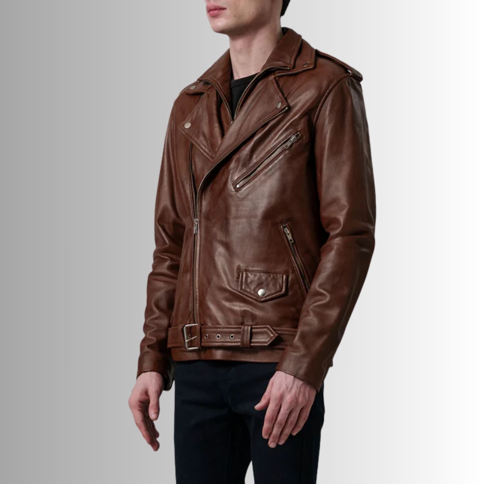 Men Brown Genuine Leather Biker Jacket Slim Fit Moto Zip Up Belted Coat