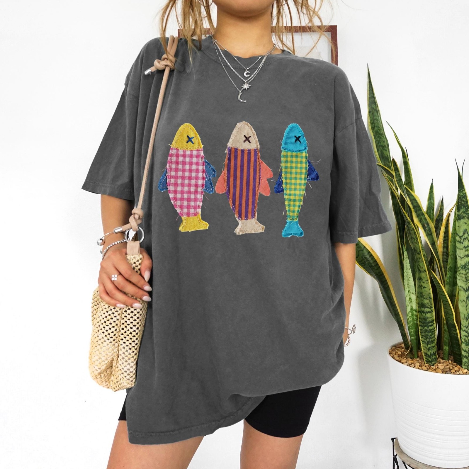 Summer Fish Graphic Tee, Printed Patchwork Sardine Beach Shirt Unisex