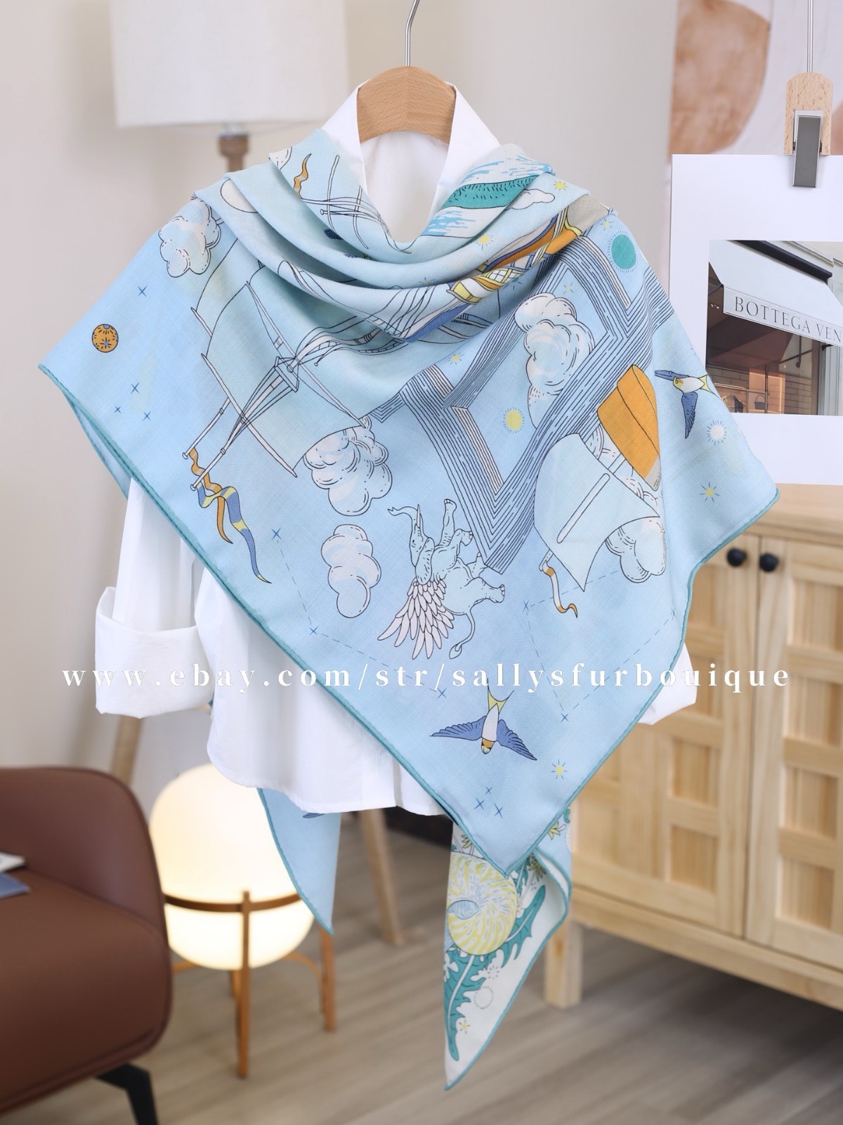 Sallys 70% Cashmere & 30% Silk Wrap Scarf Boat Print Double Face Shawl 53″ Blue
