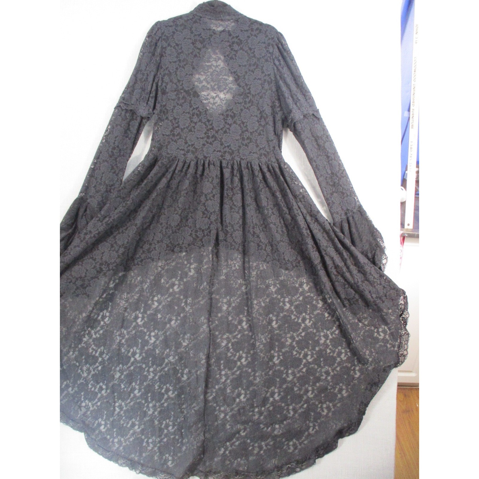 Gothic Black Lace High Low Dress Bell Sleeve Victorian Steampunk Dress Top