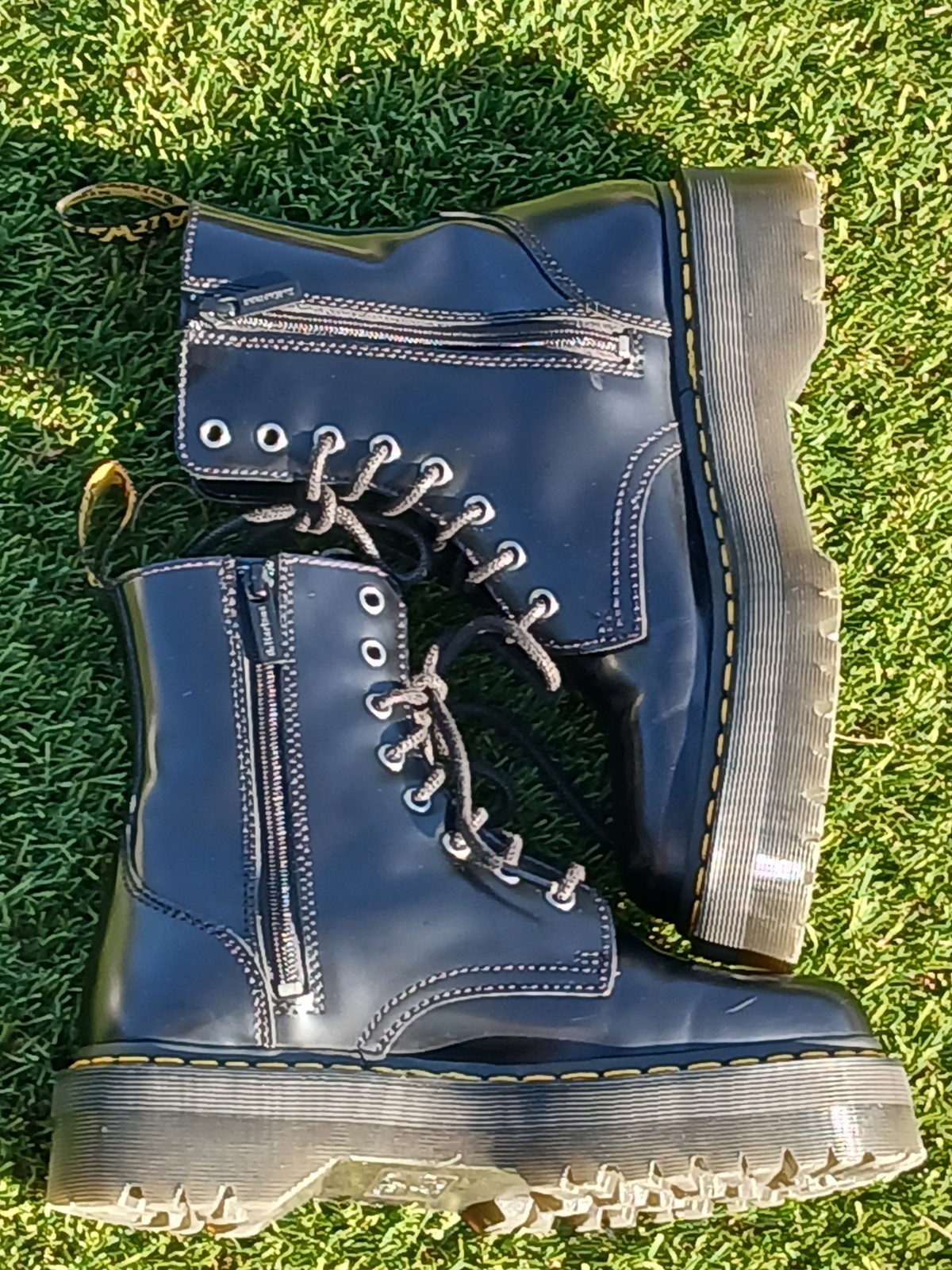 Dr. Martens Black Leather Platform Lace-Up Side Zip Boots + Cream