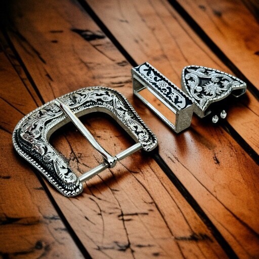 Western 3-Piece Belt Buckle Set Floral Engraved Silver Metal Cowboy Rodeo Style