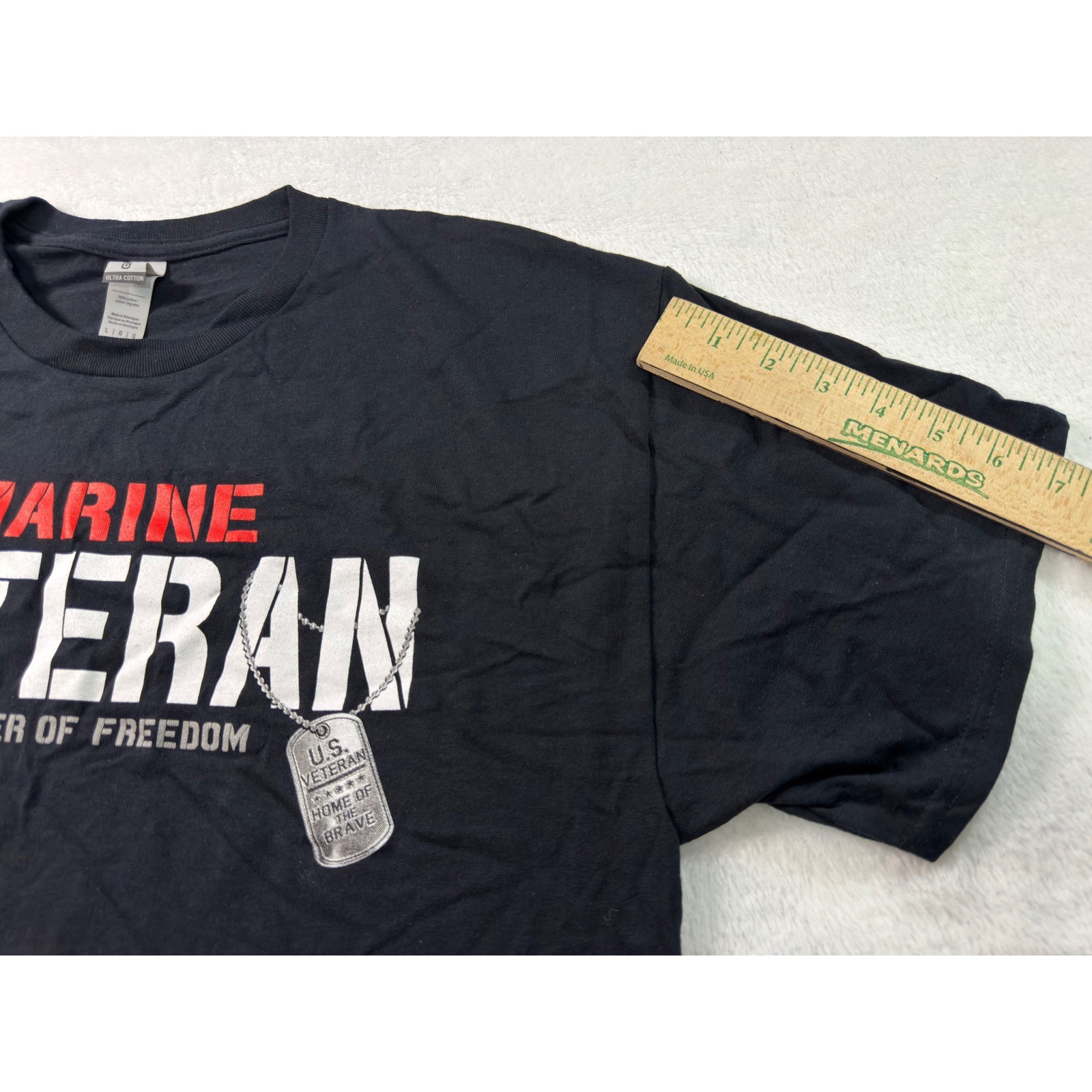 Gildan Ultra Cotton Black Marine Veteran Defender of Freedom Graphic Tee Mens L