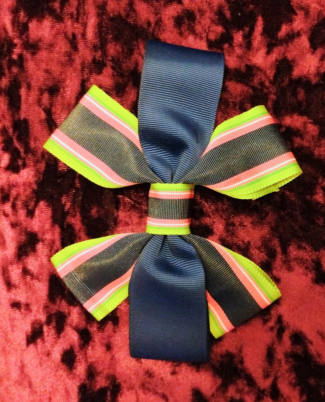Navy Grosgrain Ribbon Hair Bow Pink Green Striped Women Teens All Hair Types