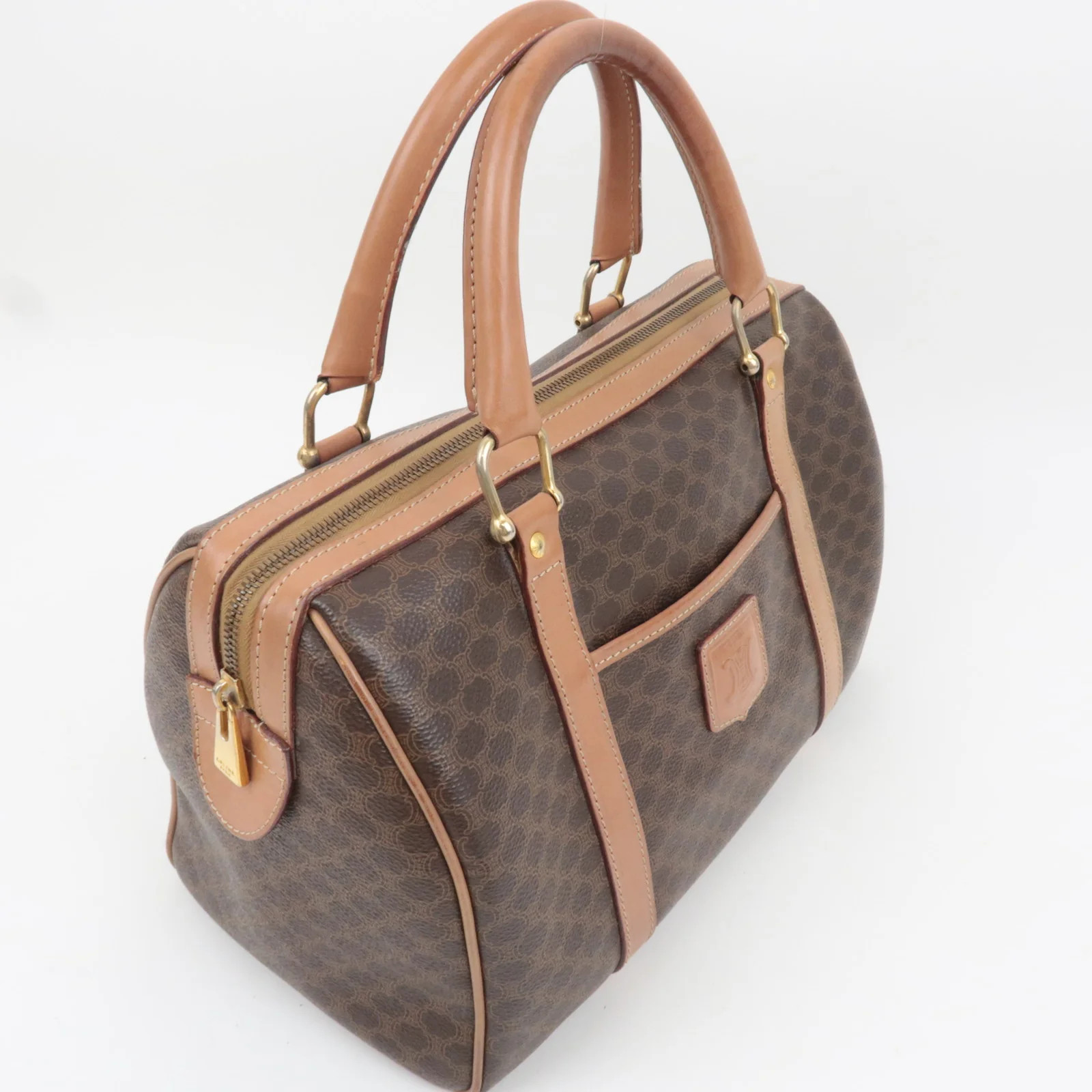 CELINE Macadam PVC Leather Handbag Brown Gold HDW Authentic