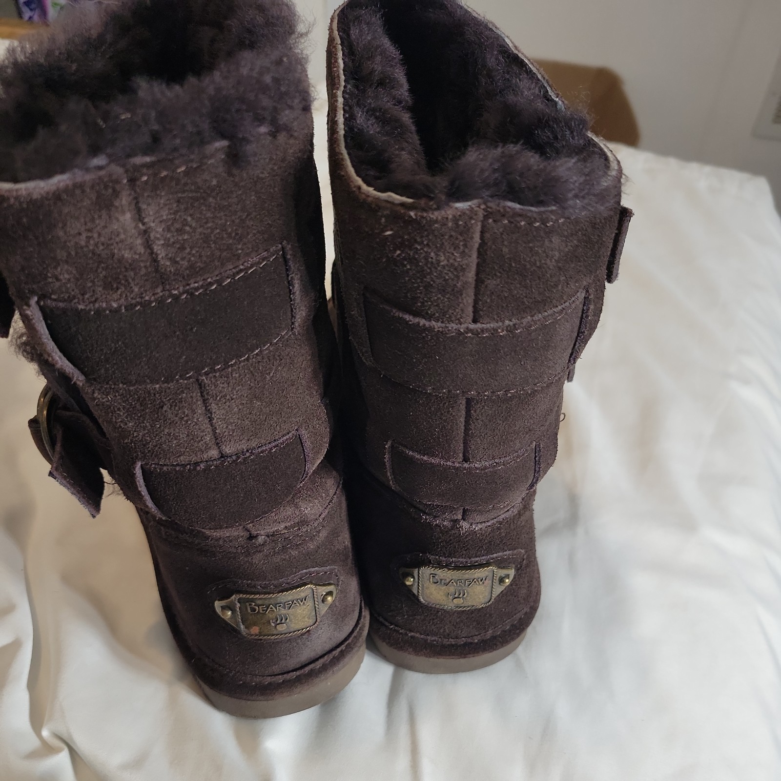 BEARPAW Women’s Brown Suede Faux Fur Lined Buckle Mid-Calf sz7 Snow Boots Size 8