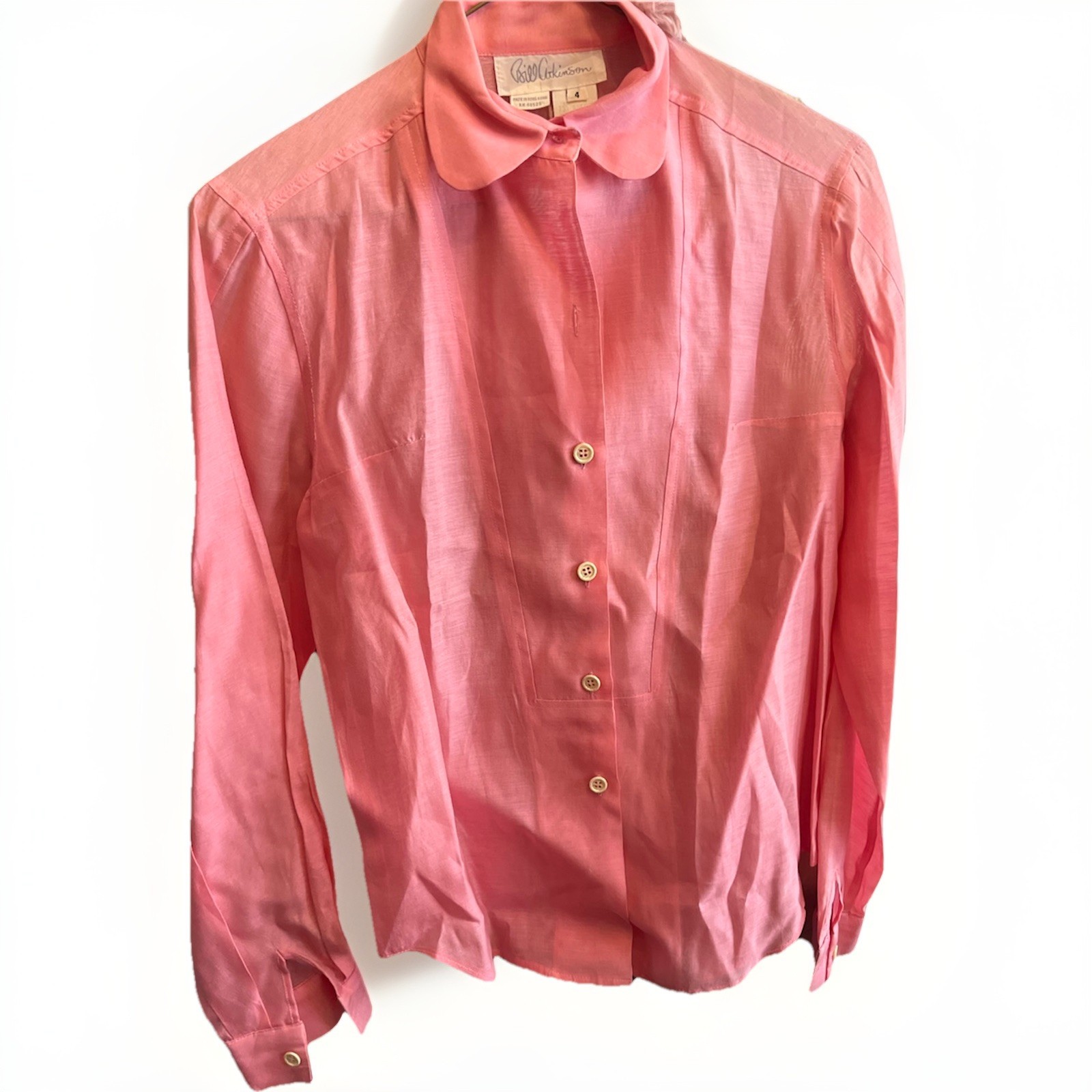 VTG Bill Atkinson Silk Blouse Pink Tuxedo Bib Peter Pan Collar Size 4