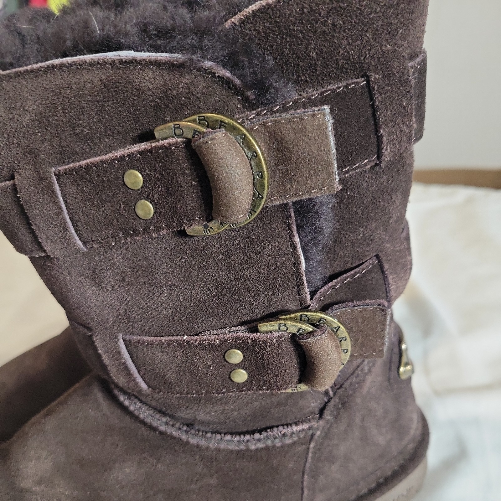 BEARPAW Women’s Brown Suede Faux Fur Lined Buckle Mid-Calf sz7 Snow Boots Size 8