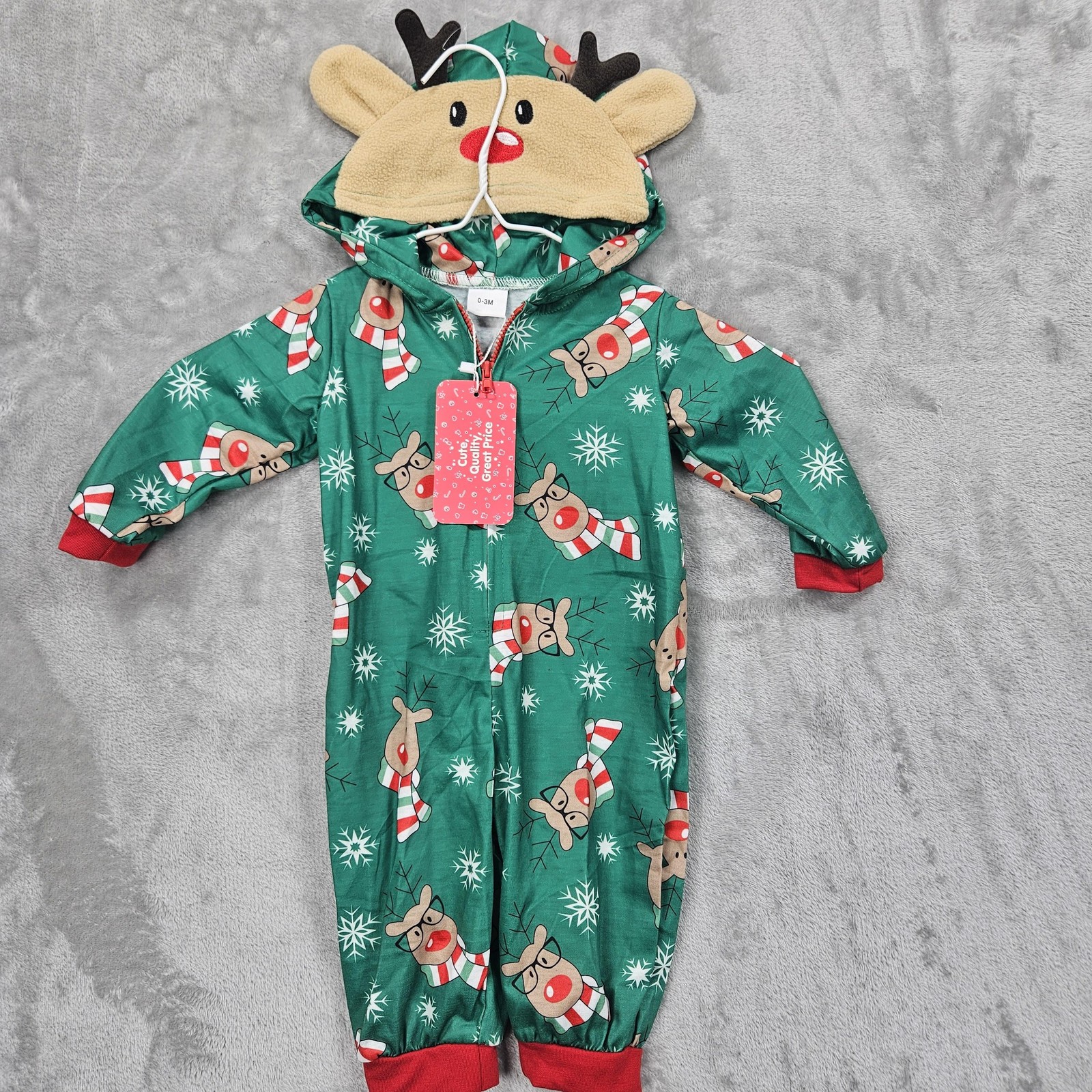 PatPat Reindeer Pajama Romper Baby 0-3M Hooded Holiday Christmas New Zip