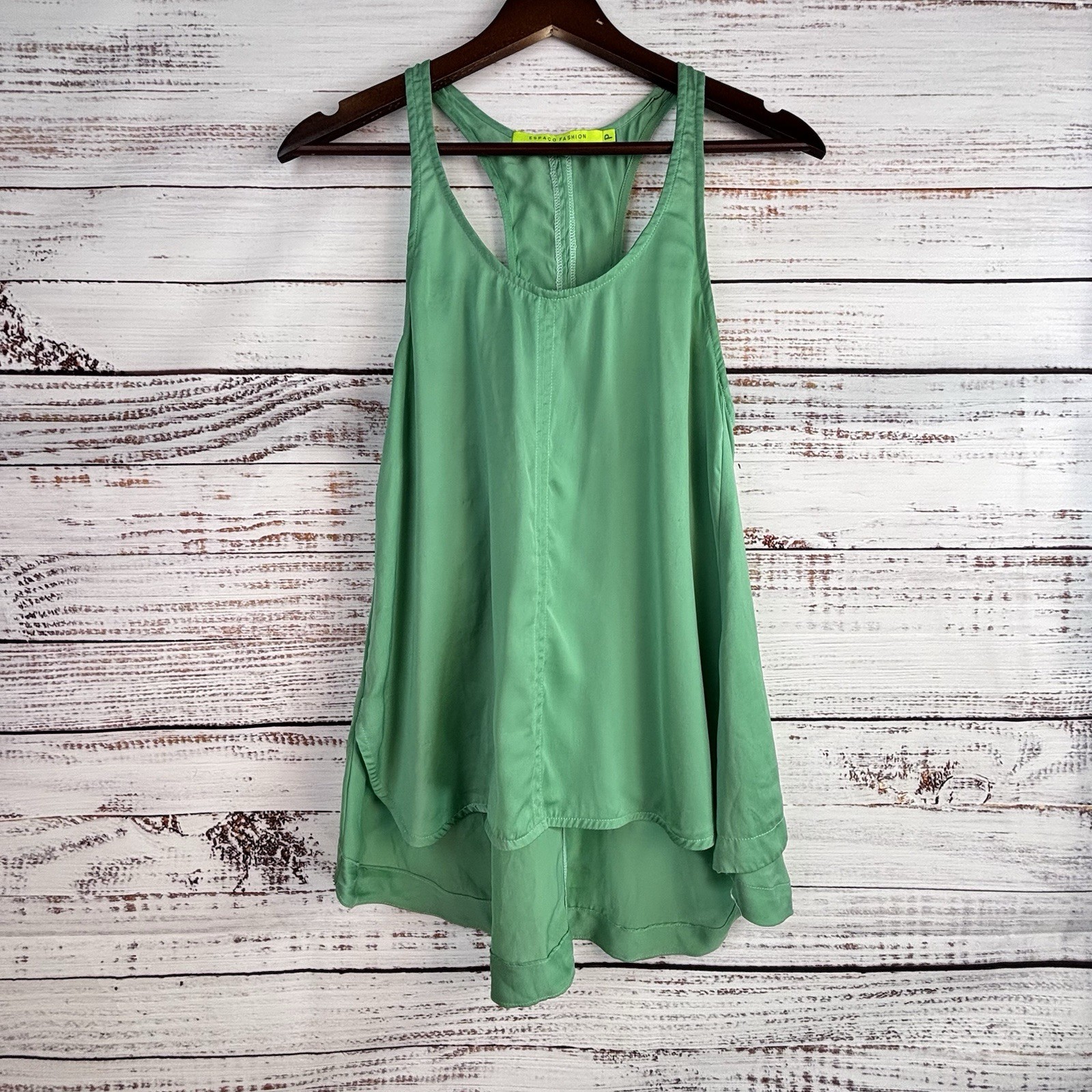 Espaco Green Tank Top S Trapeze Silky Minimalist Boho Racer Back Avant Garde