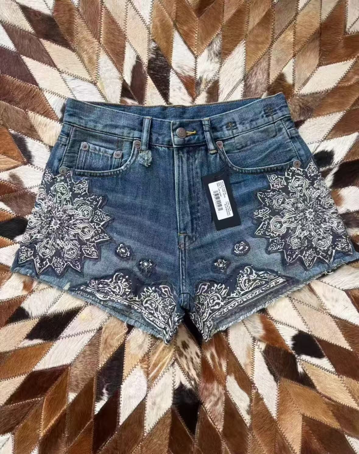 R13 2026SS X-Boyfriend Short crushed blue bandana applique Size 24