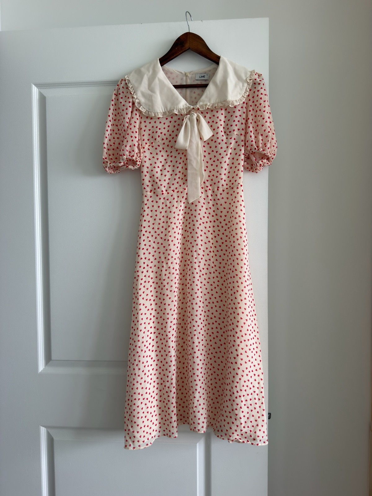 LIME Women’s Heart Print Midi Dress XS Peter Pan Collar Puff Sleeve Cottagecore