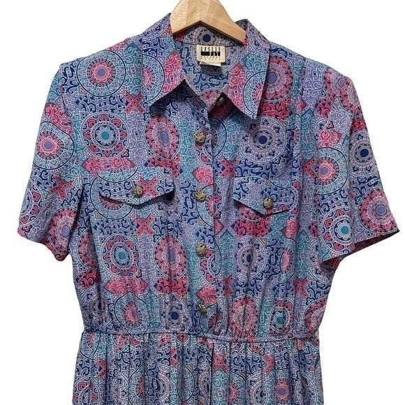 80s Vintage Leslie Fay Shirtwaist Dress Size 14P Pleated Bohemian Medallion