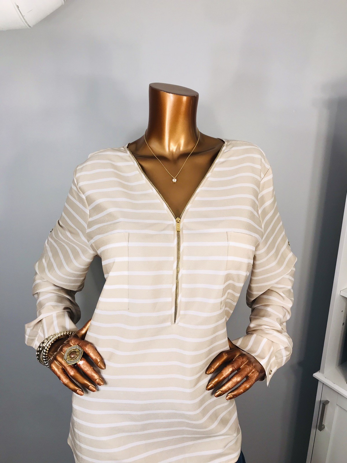 Calvin Klein XL Top Striped CK Logo 1/2 Zip Up Shirt Blouse Low Cut Silky Sheer