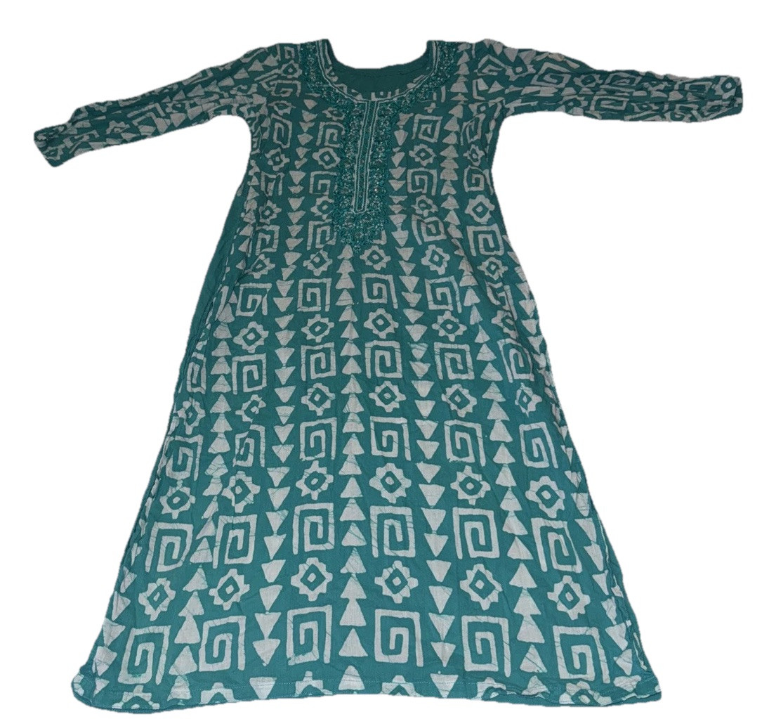 Handmade Green & White Tunic Kurta 3/4 Sleeve Flared Silhouette Pullover Dress