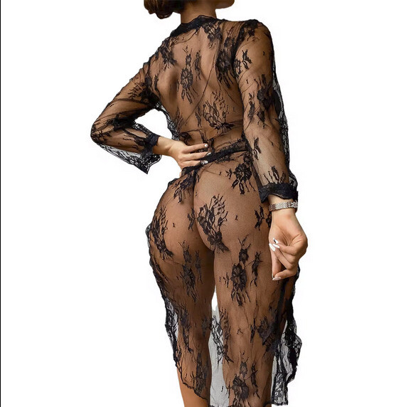 Women Sexy Lingerie See Through Lace Dress Sleepwear Sheer Kimono Robe Nightwear