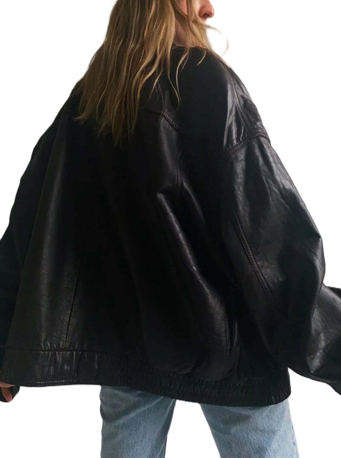 Women 90’s Fashion Leather Jacket Vintage Black Leather Oversized Bomber Jacket