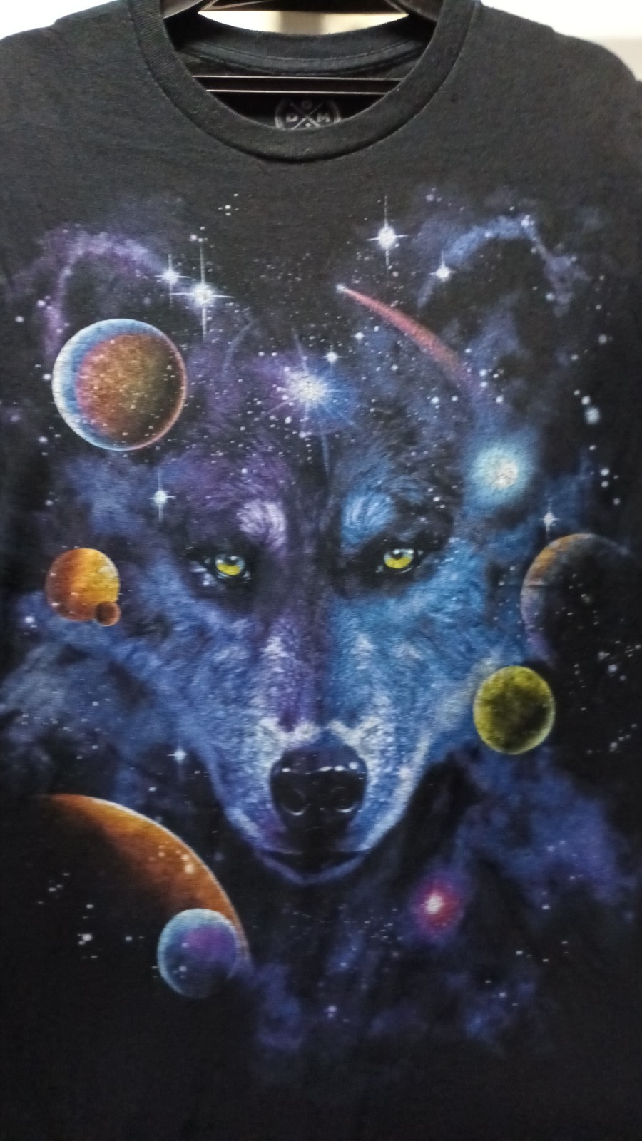 The DOM Galaxy Space Wolf Graphic Stars T-Shirt Black Mens Size S Planets