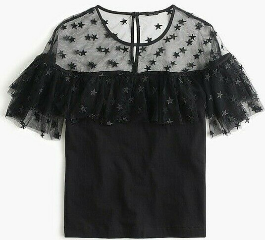 JCREW NWT XL Black Star Embroidered Mesh Ruffle trim dressy top flutter sleeve