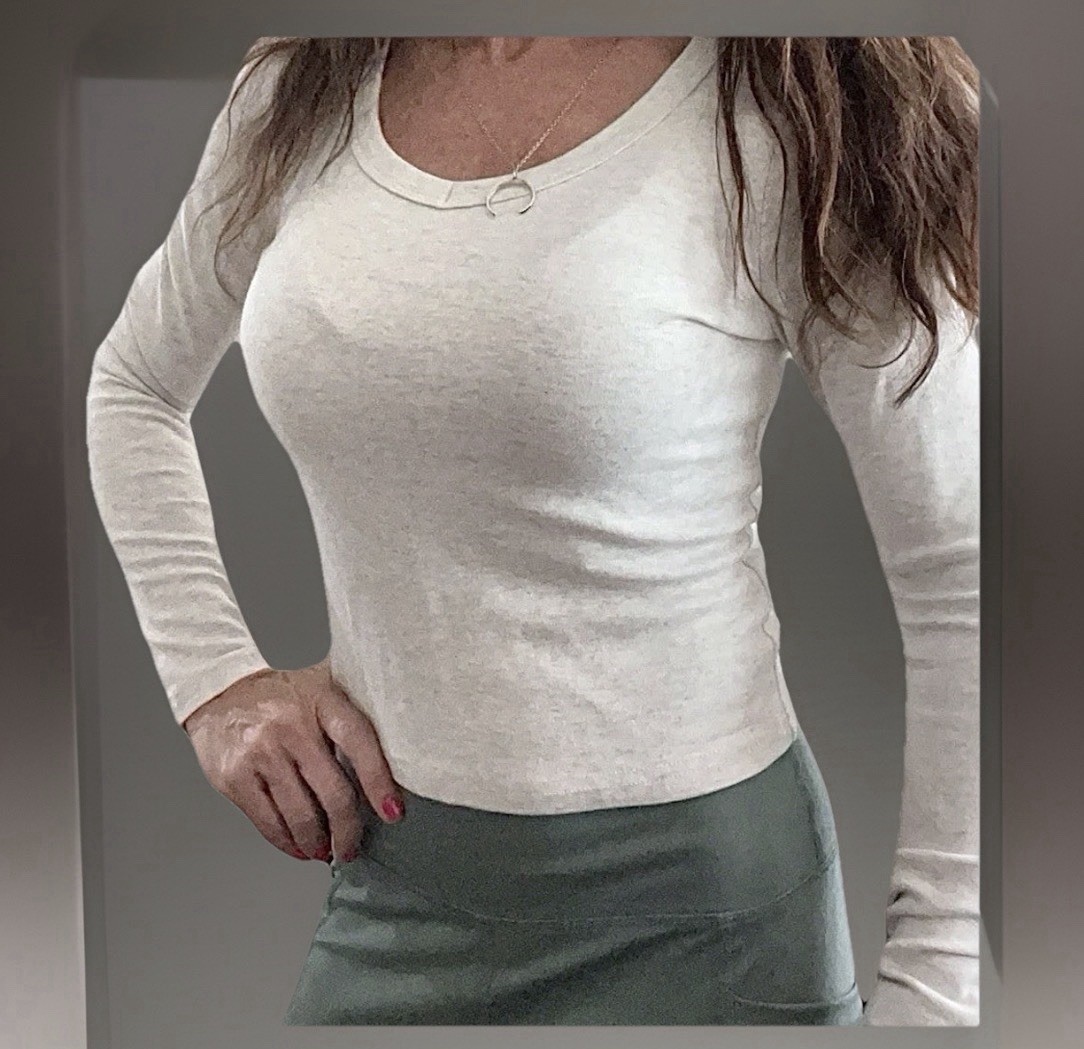 Women’s Long Sleeve Shirt Size S Heathered Ivory Fitted V Neck Plain Basic Top
