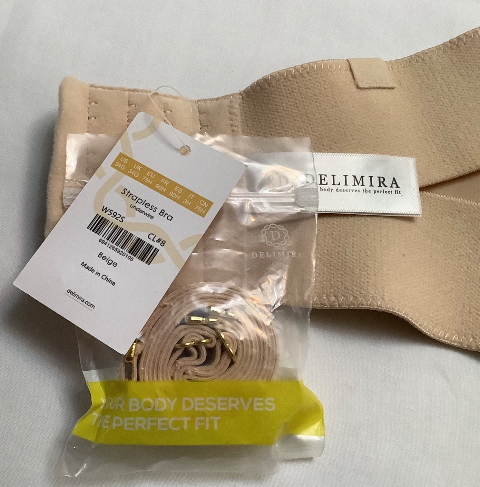 Delimira Convertible Strapless Underwire Bra Style # W592S,Beige, 34G, NWOT