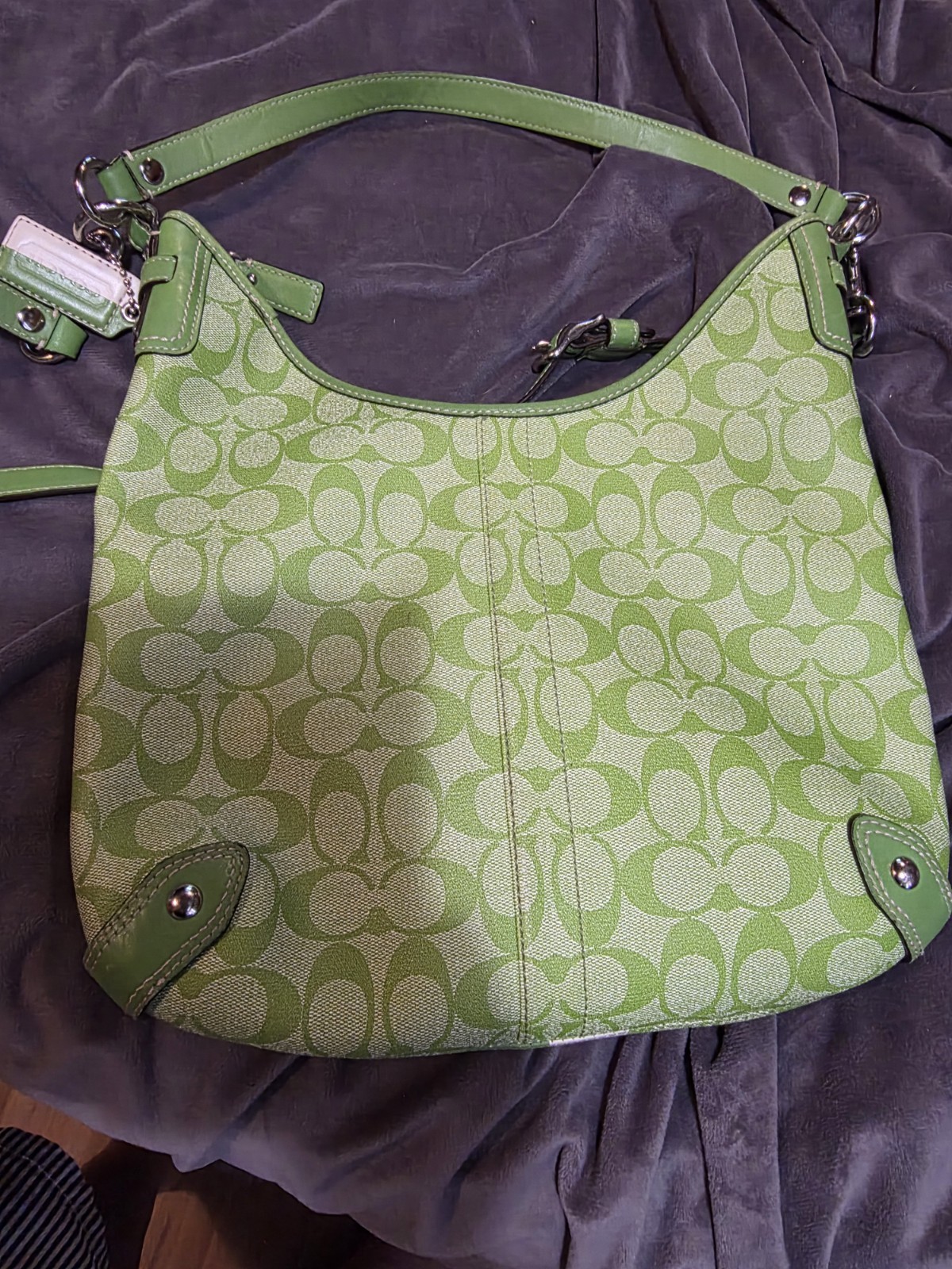 Vintage Coach Heritage Stripe hobo bag in a lime green & white signature canvas