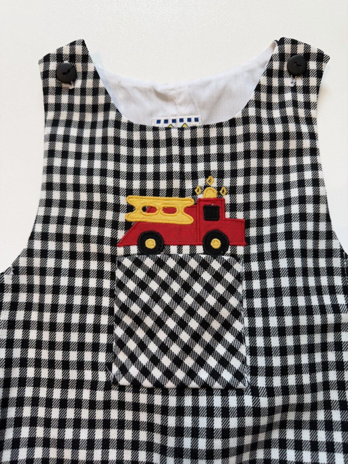 Florence Eiseman Boys Gingham Fire Truck Shortalls Overalls Size 3T