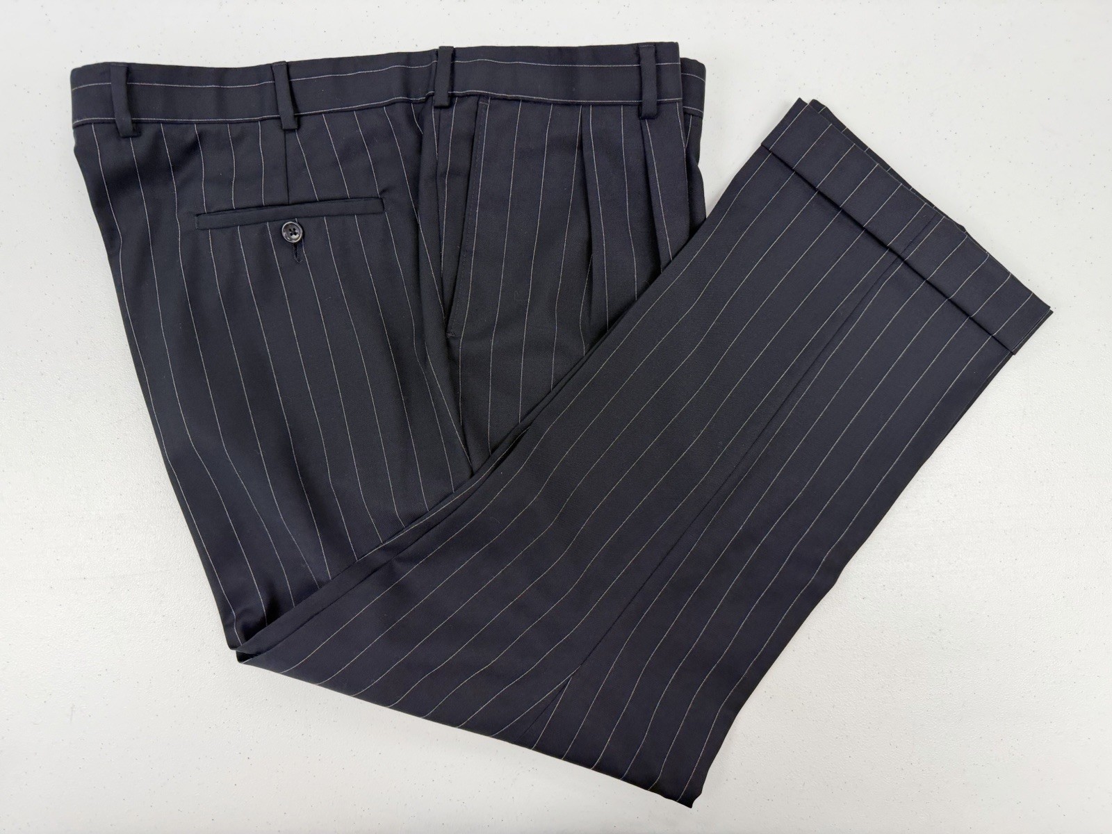 Coppley Canada Mens Dark Blue Striped 100% Wool Suit 48R 42X28 $1,098 Two Button